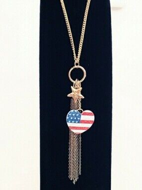 Red White Blue Heart & Gold Star Charm Fringe Necklace Long